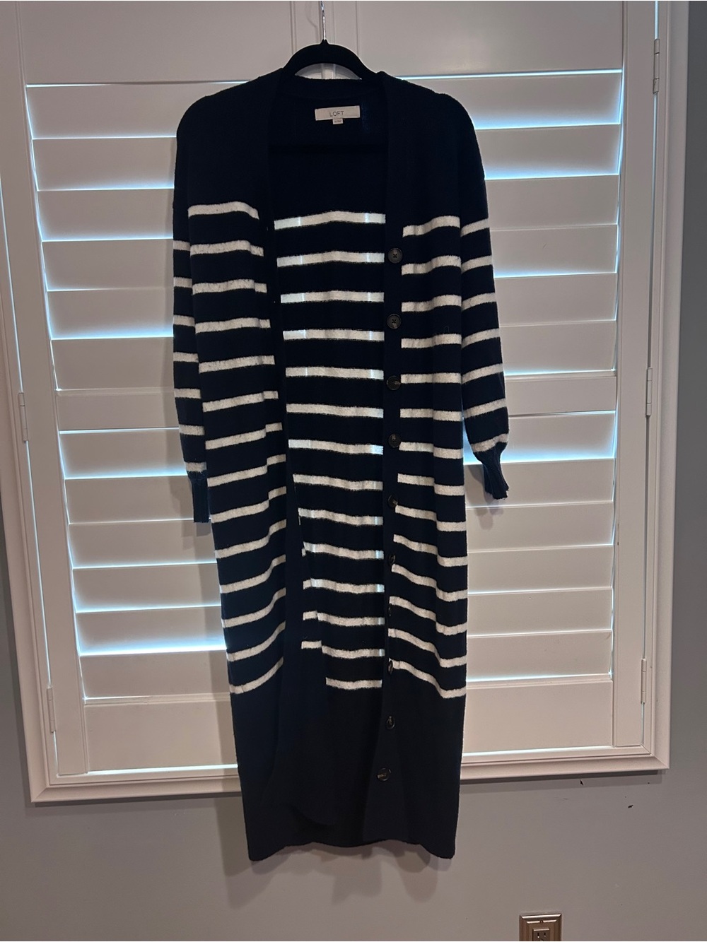 Loft Longline Striped Open Long Cardigan Duster Navy Blue White Size XS